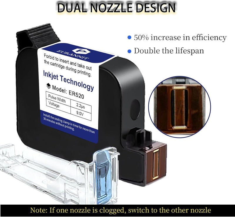 Eurannit Original Black Ink Cartridge ER520, 42ml Quick Dry Solvent Ink Replacement for 0.5inch/12.7mm Handheld Inkjet Printer E11 / E15 / E19 / E98/ XMINI - Image 2